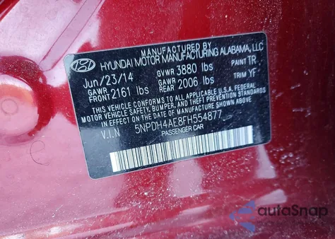 2015 Hyundai Elantra Se from USA, damaged, VIN 5NPDH4AE8FH554877